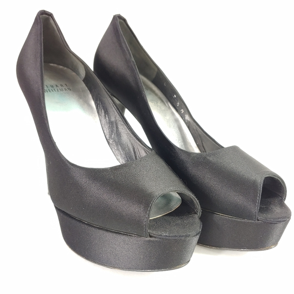 STUART WEITZMAN PLATFORM SATIN PEEP TOE HEEL